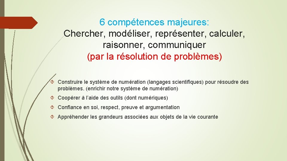 6 compétences majeures: Chercher, modéliser, représenter, calculer, raisonner, communiquer (par la résolution de problèmes)