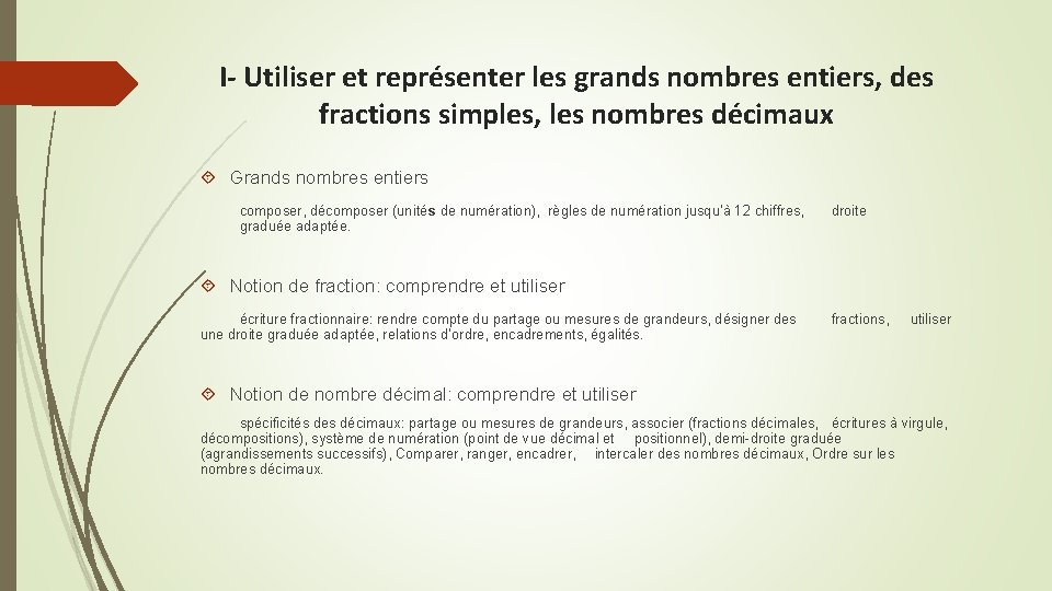 I- Utiliser et représenter les grands nombres entiers, des fractions simples, les nombres décimaux