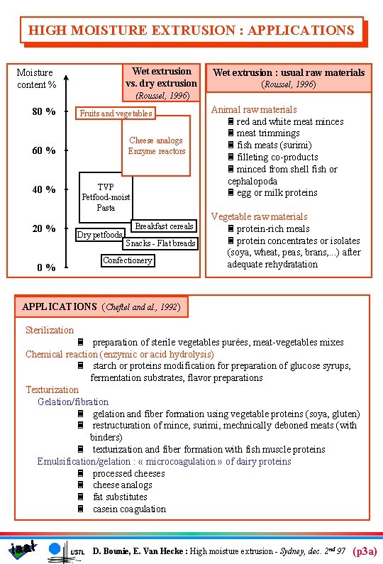 HIGH MOISTURE EXTRUSION : APPLICATIONS Wet extrusion vs. dry extrusion (Roussel, 1996) Moisture content