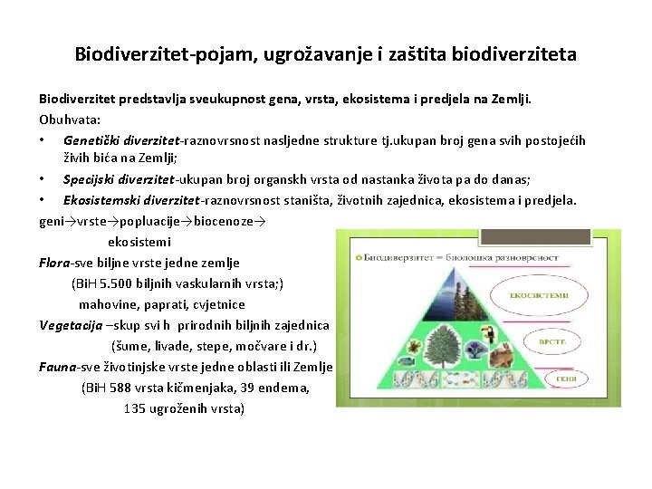 Biodiverzitet-pojam, ugrožavanje i zaštita biodiverziteta Biodiverzitet predstavlja sveukupnost gena, vrsta, ekosistema i predjela na