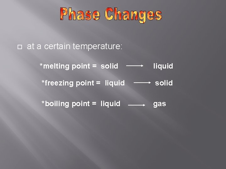  at a certain temperature: *melting point = solid liquid *freezing point = liquid