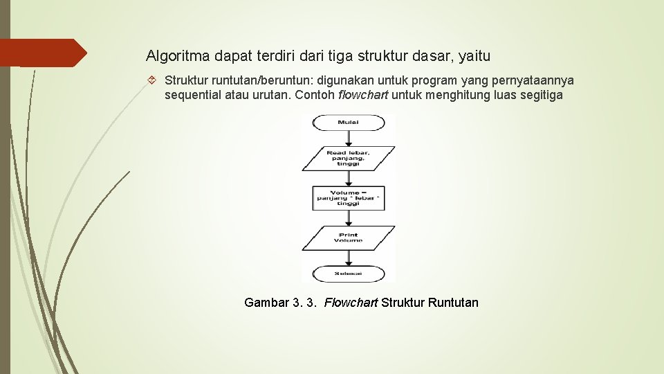 Algoritma dapat terdiri dari tiga struktur dasar, yaitu Struktur runtutan/beruntun: digunakan untuk program yang