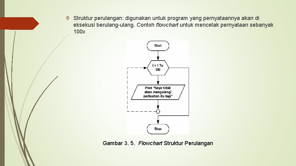  Struktur perulangan: digunakan untuk program yang pernyataannya akan di eksekusi berulang-ulang. Contoh flowchart