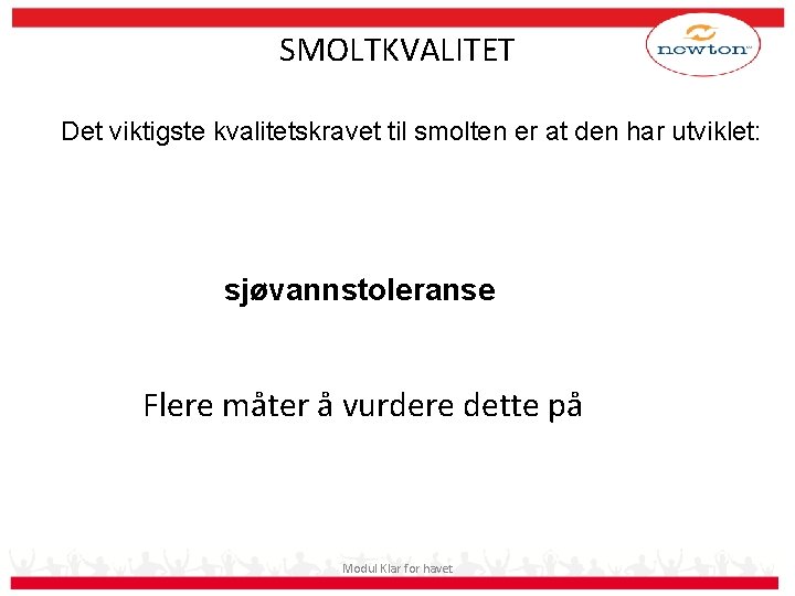 SMOLTKVALITET Det viktigste kvalitetskravet til smolten er at den har utviklet: sjøvannstoleranse Flere måter