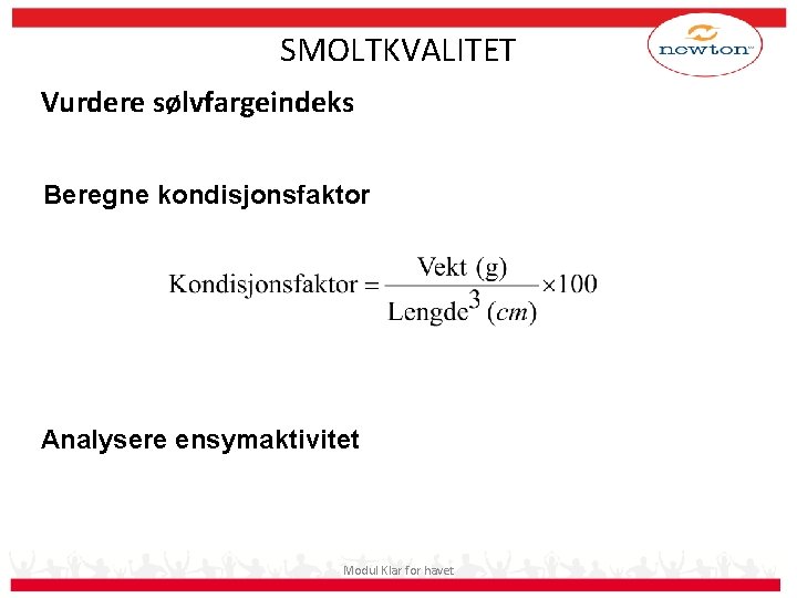 SMOLTKVALITET Vurdere sølvfargeindeks Beregne kondisjonsfaktor Analysere ensymaktivitet Modul Klar for havet 