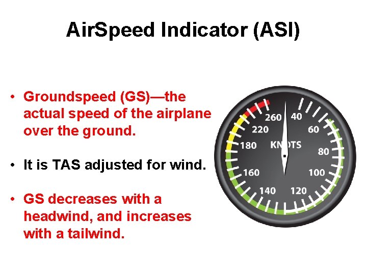 Air. Speed Indicator (ASI) • Groundspeed (GS)—the actual speed of the airplane over the