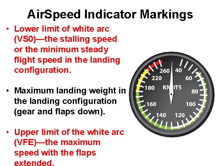 Air. Speed Indicator Markings • Lower limit of white arc (VS 0)—the stalling speed