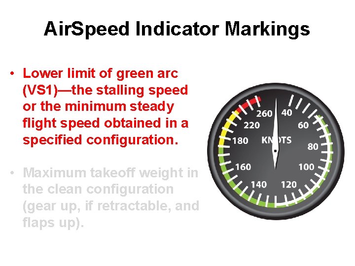 Air. Speed Indicator Markings • Lower limit of green arc (VS 1)—the stalling speed