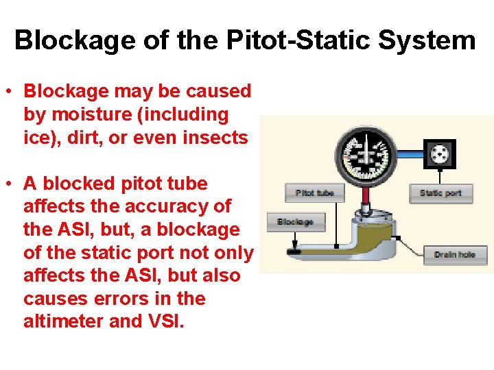 Blockage of the Pitot-Static System • Blockage may be caused by moisture (including ice),