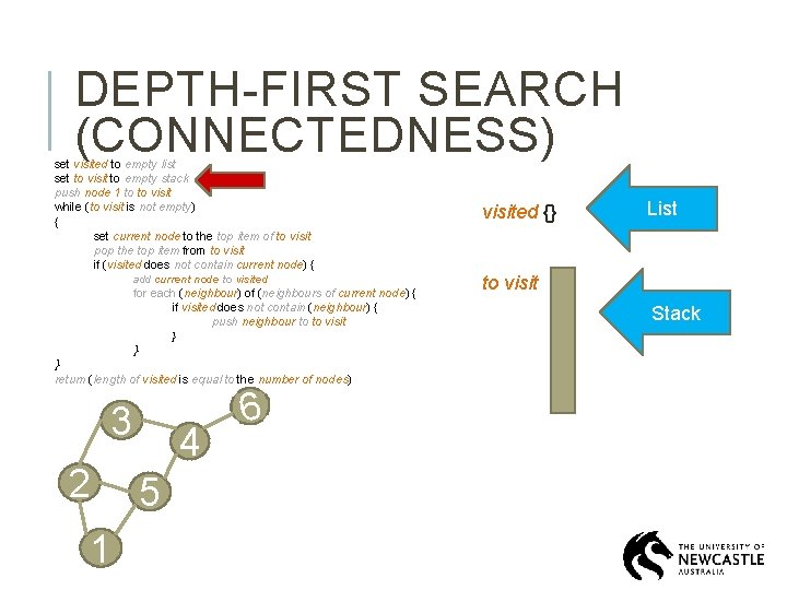 DEPTH-FIRST SEARCH (CONNECTEDNESS) set visited to empty list set to visit to empty stack