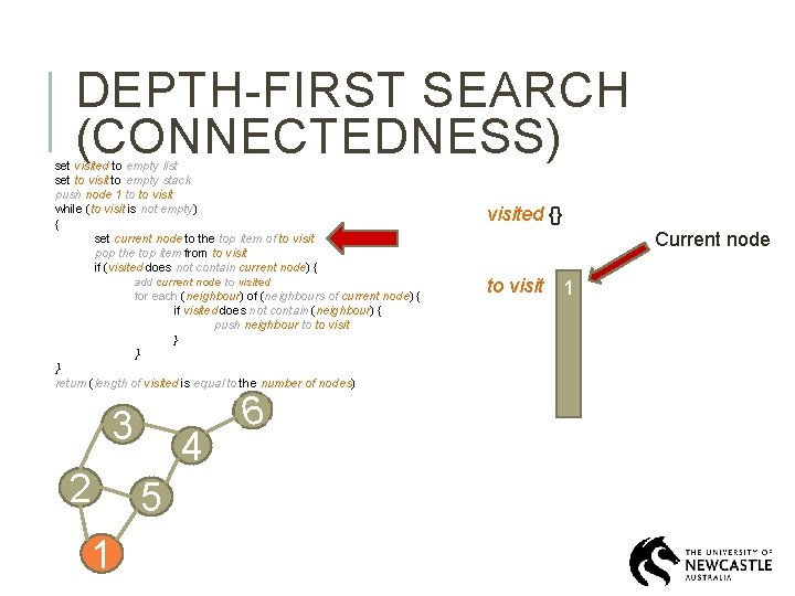 DEPTH-FIRST SEARCH (CONNECTEDNESS) set visited to empty list set to visit to empty stack