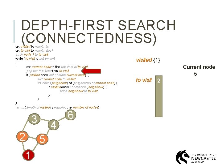 DEPTH-FIRST SEARCH (CONNECTEDNESS) set visited to empty list set to visit to empty stack DEPTH-FIRST SEARCH (CONNECTEDNESS) set visited to empty list set to visit to empty stack