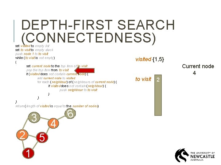 DEPTH-FIRST SEARCH (CONNECTEDNESS) set visited to empty list set to visit to empty stack