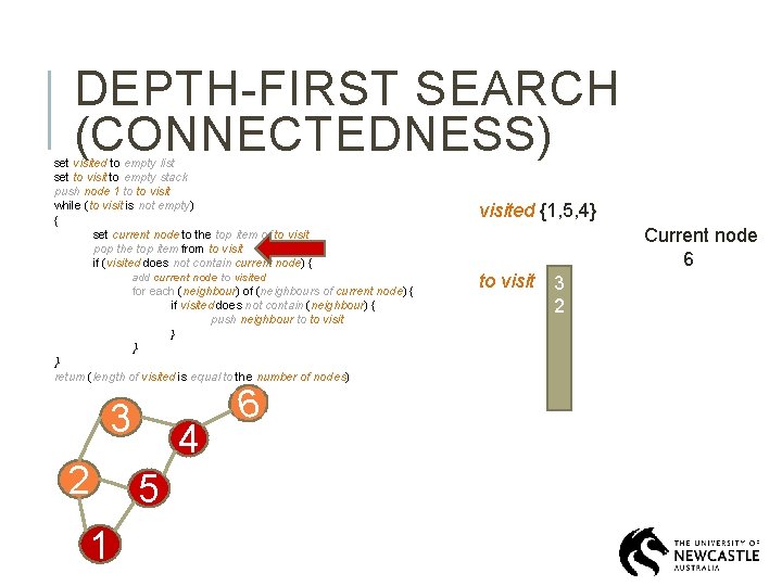 DEPTH-FIRST SEARCH (CONNECTEDNESS) set visited to empty list set to visit to empty stack