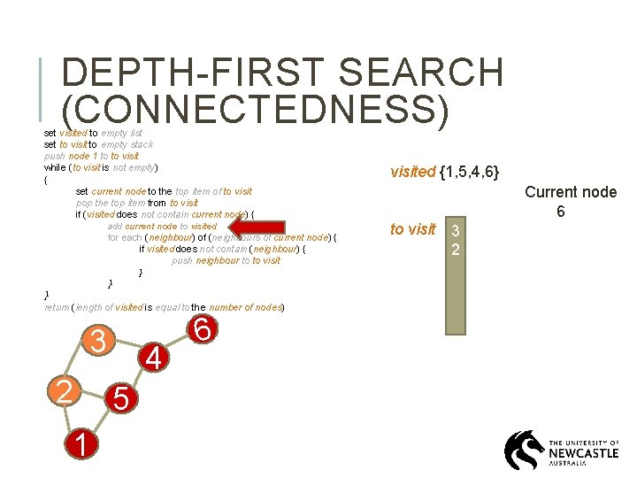 DEPTH-FIRST SEARCH (CONNECTEDNESS) set visited to empty list set to visit to empty stack