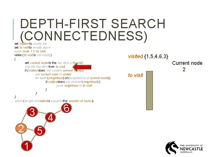 DEPTH-FIRST SEARCH (CONNECTEDNESS) set visited to empty list set to visit to empty stack