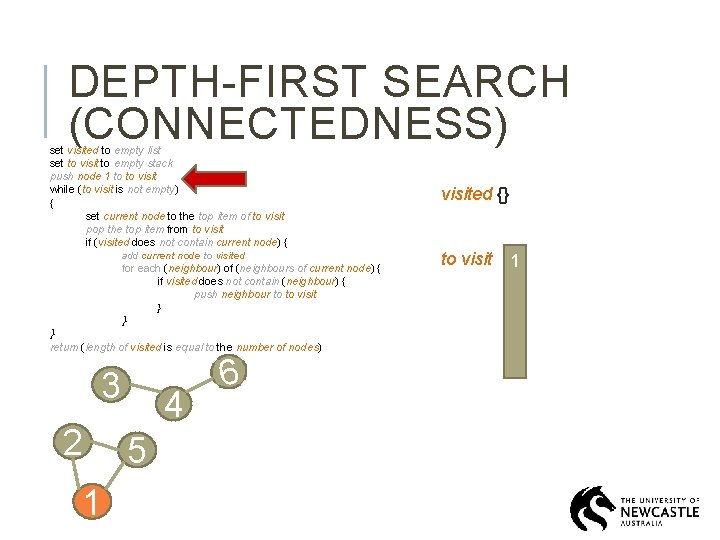 DEPTH-FIRST SEARCH (CONNECTEDNESS) set visited to empty list set to visit to empty stack