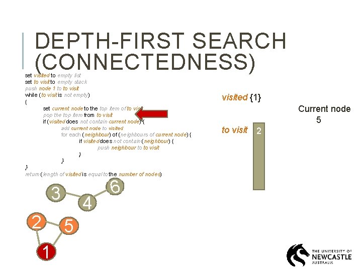 DEPTH-FIRST SEARCH (CONNECTEDNESS) set visited to empty list set to visit to empty stack