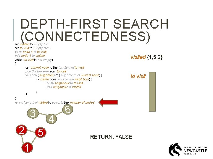 DEPTH-FIRST SEARCH (CONNECTEDNESS) set visited to empty list set to visit to empty stack