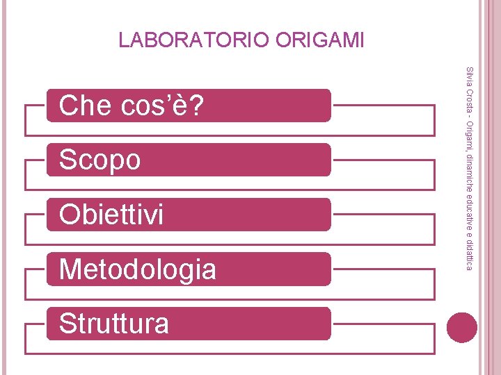 LABORATORIO ORIGAMI Scopo Obiettivi Metodologia Struttura Silvia Crosta - Origami, dinamiche educative e didattica