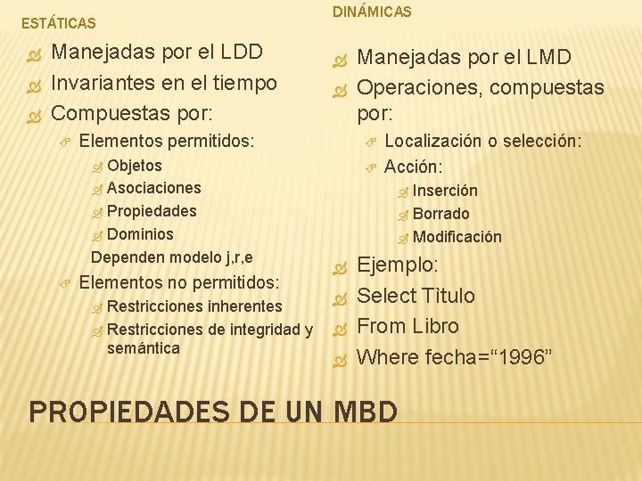 ESTÁTICAS Manejadas por el LDD Invariantes en el tiempo Compuestas por: DINÁMICAS Elementos permitidos: