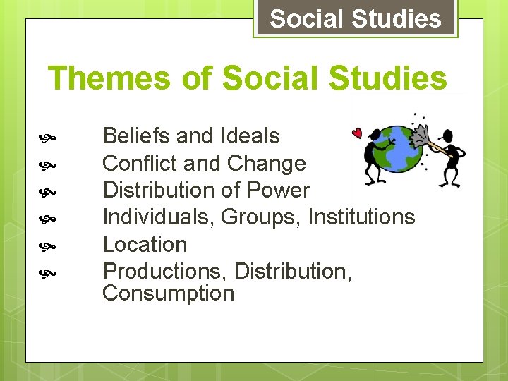 Social Studies Themes of Social Studies Beliefs and Ideals Conflict and Change Distribution of