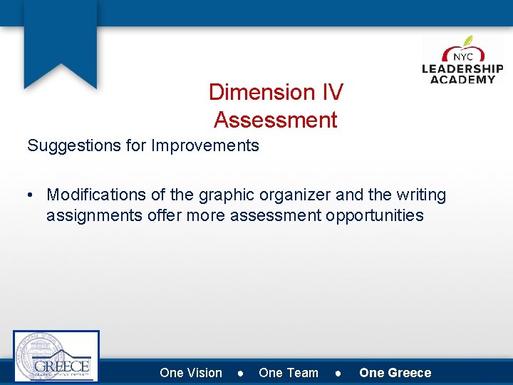 Dimension IV Assessment Suggestions for Improvements • Modifications of the graphic organizer and the