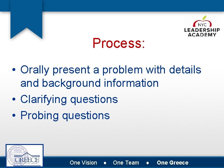 Process: • Orally present a problem with details and background information • Clarifying questions