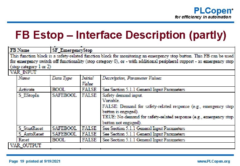 PLCopen for efficiency in automation FB Estop – Interface Description (partly) Page 19 printed