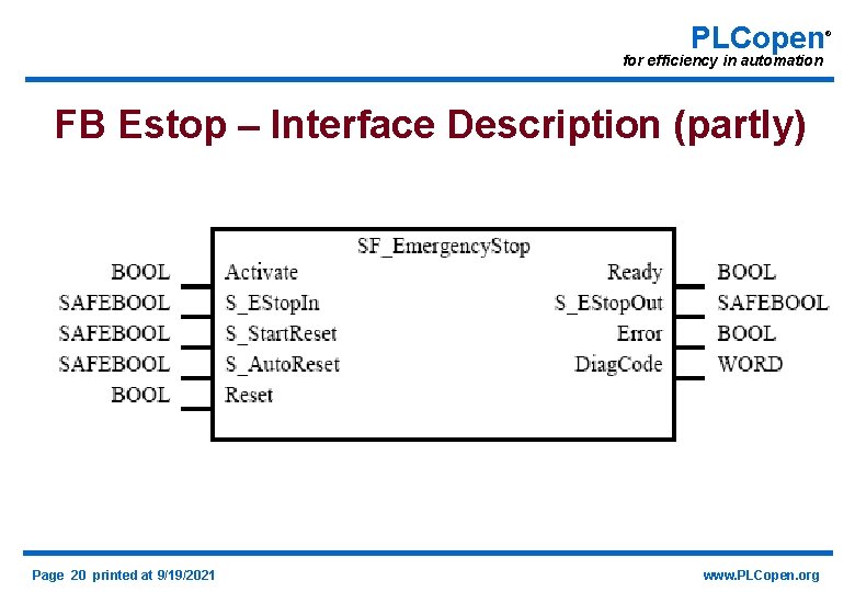 PLCopen for efficiency in automation FB Estop – Interface Description (partly) Page 20 printed