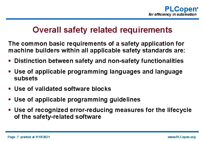 PLCopen for efficiency in automation Overall safety related requirements The common basic requirements of