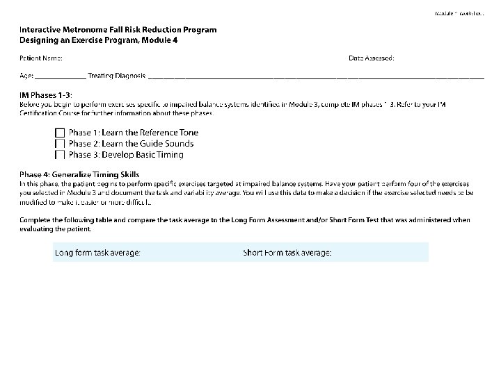 Fall Risk Reduction Program Grading the Task Module