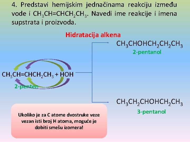 4. Predstavi hemijskim jednačinama reakciju između vode i CH 3 CH=CHCH 2 CH 3.
