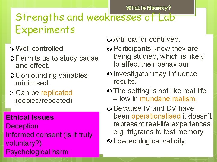 What is Memory? Strengths and weaknesses of Lab Experiments Artificial or contrived. L Participants