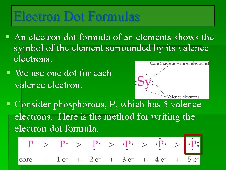 Electron Dot Formulas § An electron dot formula of an elements shows the symbol