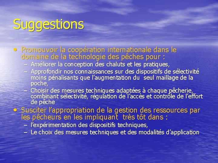 Suggestions • Promouvoir la coopération internationale dans le domaine de la technologie des pêches