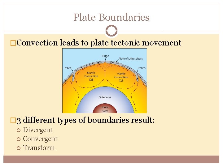 Plate Boundaries �Convection leads to plate tectonic movement � 3 different types of boundaries