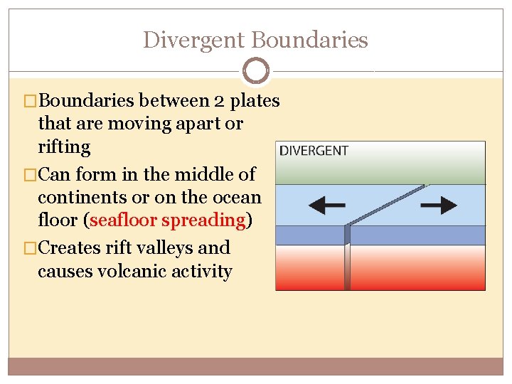 Divergent Boundaries �Boundaries between 2 plates that are moving apart or rifting �Can form