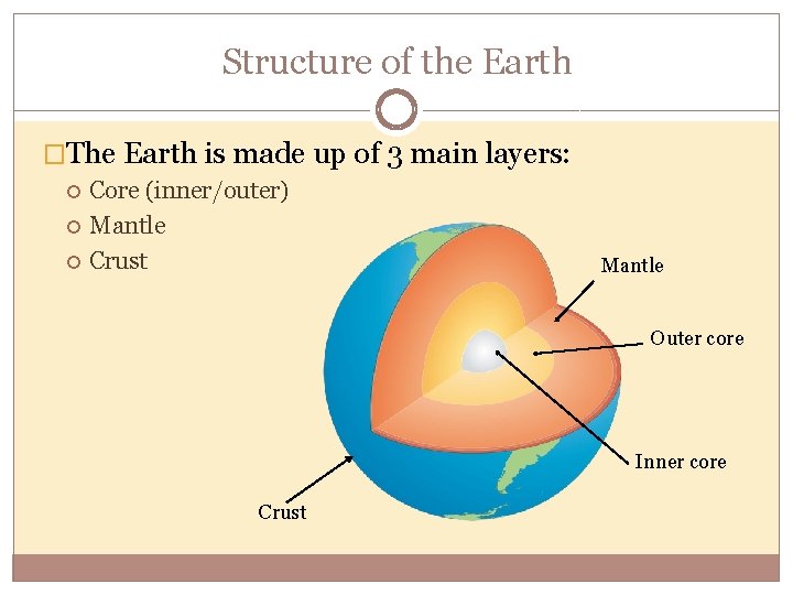 Structure of the Earth �The Earth is made up of 3 main layers: Core