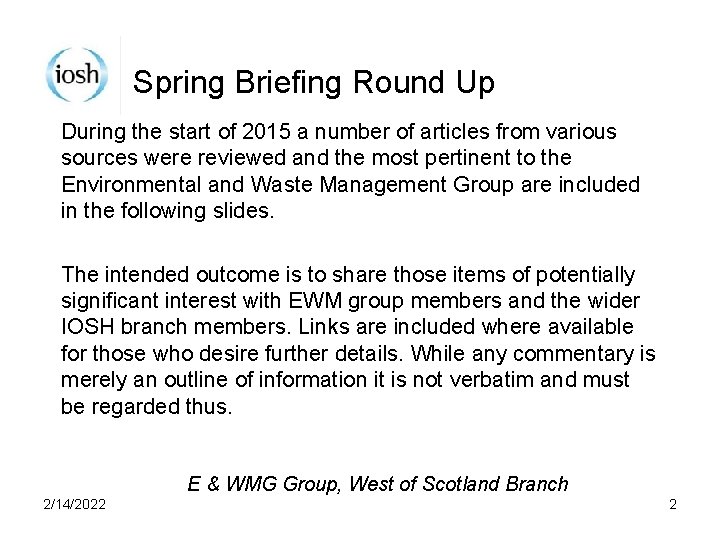 Spring Briefing Round Up During the start of 2015 a number of articles from