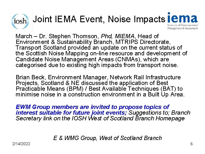 Joint IEMA Event, Noise Impacts March – Dr. Stephen Thomson, Phd, MIEMA, Head of