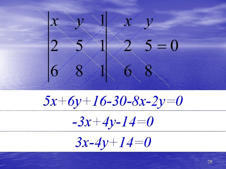 5 x+6 y+16 -30 -8 x-2 y=0 -3 x+4 y-14=0 3 x-4 y+14=0 28