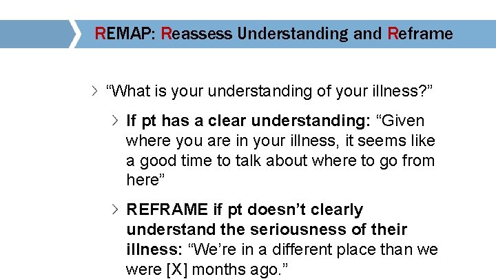 REMAP: Reassess Understanding and Reframe “What is your understanding of your illness? ” If