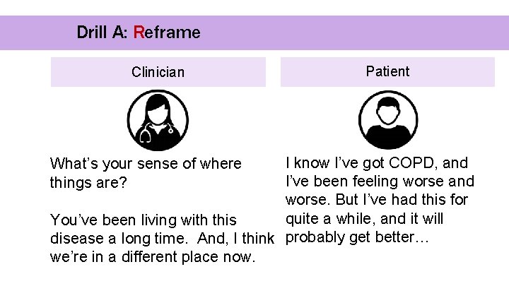 Drill A: Reframe Clinician Patient I know I’ve got COPD, and I’ve been feeling