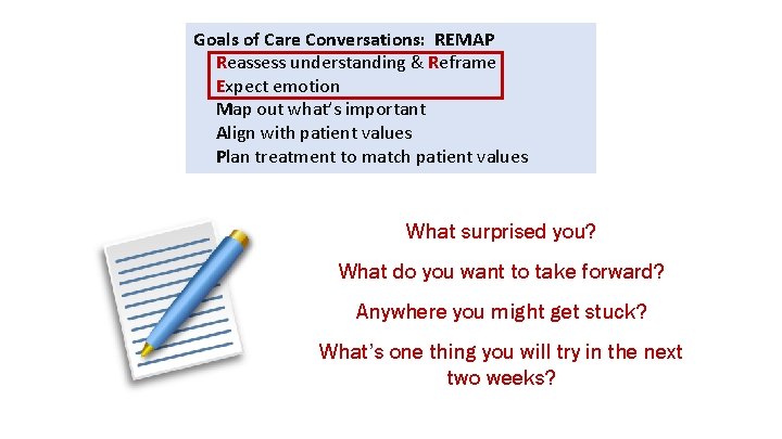 Goals of Care Conversations: REMAP Reassess understanding & Reframe Expect emotion Map out what’s