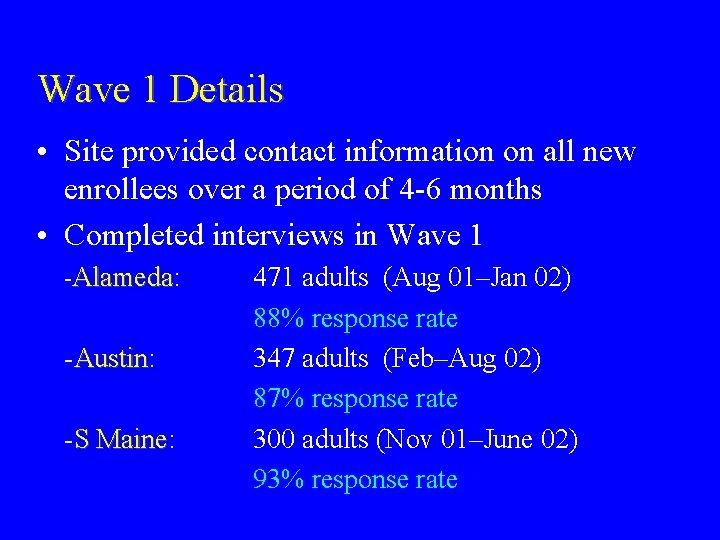 Wave 1 Details • Site provided contact information on all new enrollees over a