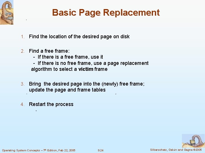 Basic Page Replacement 1. Find the location of the desired page on disk 2.