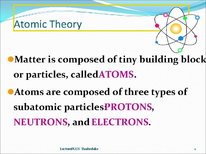 Atomic Theory l. Matter is composed of tiny building block or particles, called ATOMS. Atomic Theory l. Matter is composed of tiny building block or particles, called ATOMS.