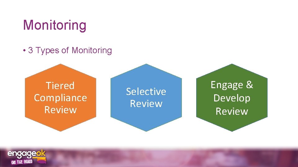 Monitoring • 3 Types of Monitoring Tiered Compliance Review Selective Review Engage & Develop