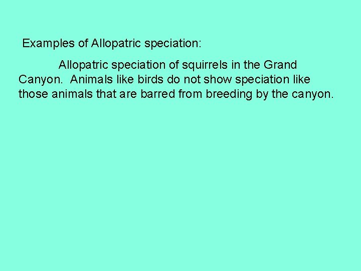 Examples of Allopatric speciation: Allopatric speciation of squirrels in the Grand Canyon. Animals like